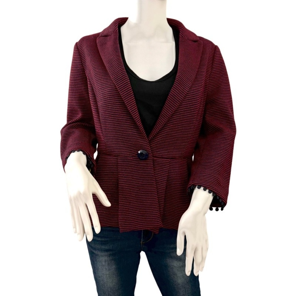 TABITHA Women's Medium Chandelier Blazer Jacket Red Black Textured Knit Peplum‎